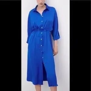Zara Blue Satin Drawstring Shirt Dress Size XS